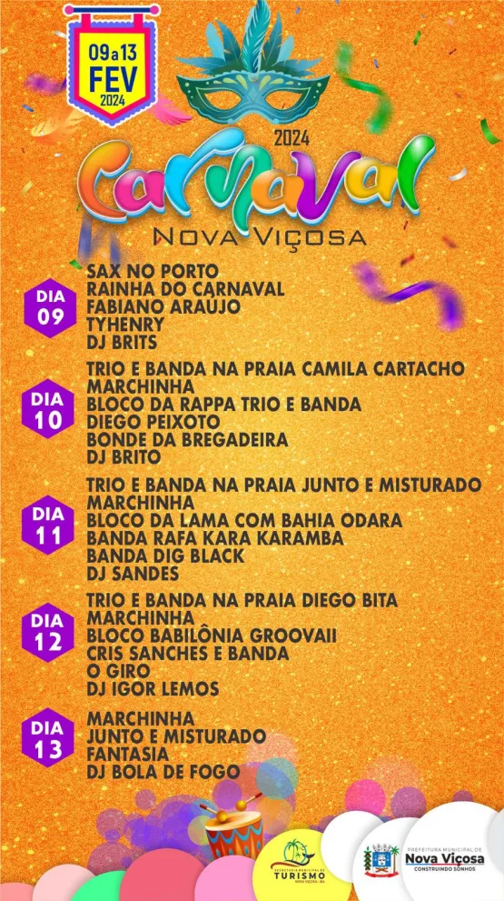 Prefeitura de Nova Viçosa  na Bahia divulga sua programação de Carnaval 2024
