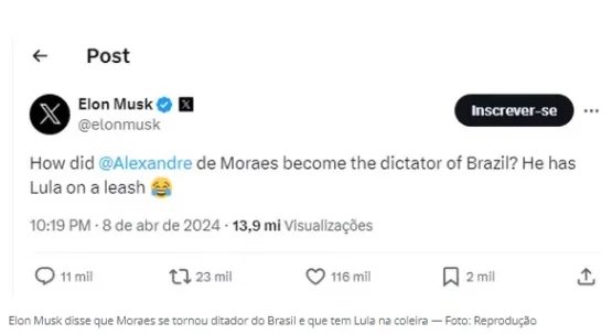 Elon Musk volta a atacar Moraes e chama ministro do STF de 'ditador brutal'