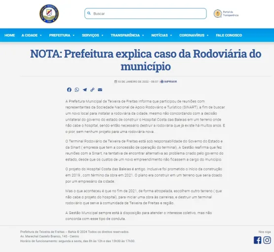 Prefeito de Teixeira de Freitas acusa governo da Bahia de destruir um terminal rodoviário para construir hospital