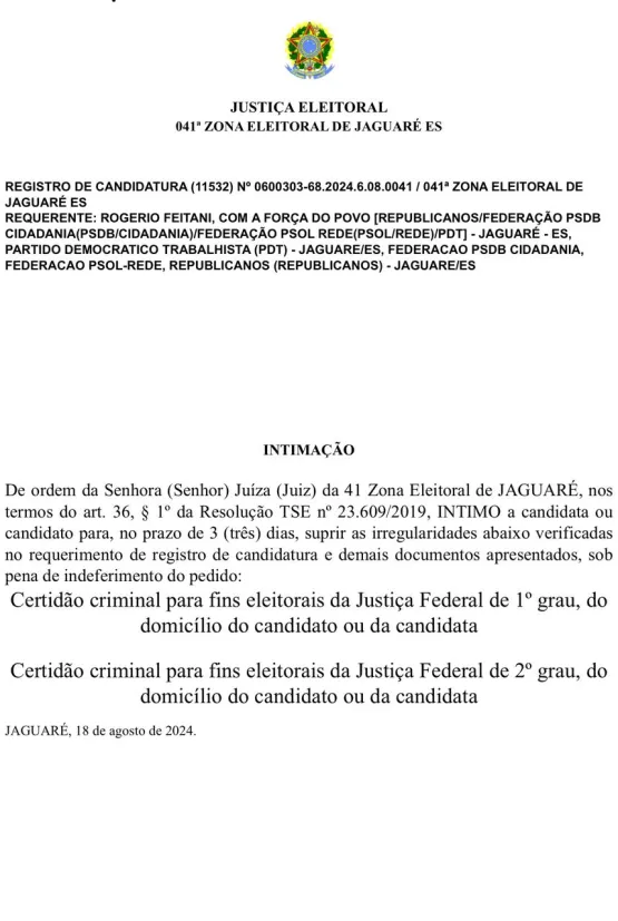 Justiça Eleitoral determina que candidato a prefeito de Jaguaré apresente certidão criminal