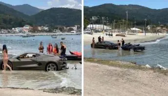 Carro de luxo atola em praia ao tentar tirar jet ski do mar em Santa Catarina