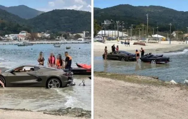 Carro de luxo atola em praia ao tentar tirar jet ski do mar em Santa Catarina