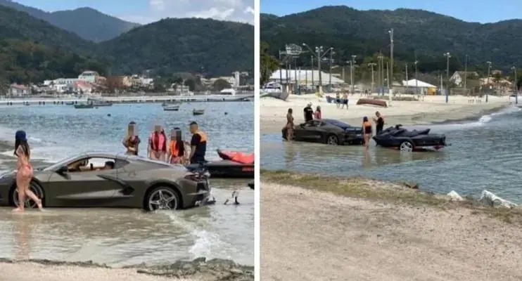 Carro de luxo atola em praia ao tentar tirar jet ski do mar em Santa Catarina