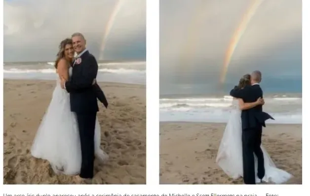  Casal que perdeu os cônjuges no mesmo ano celebra casamento com arco-íris duplo