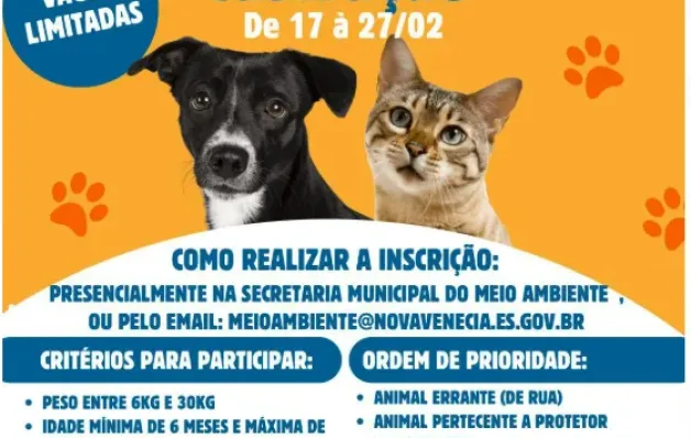 Em parceria com o Governo do Estado e Consórcio CIM Norte, Prefeitura de Nova Venécia oferece castração gratuita para cães e gatos 