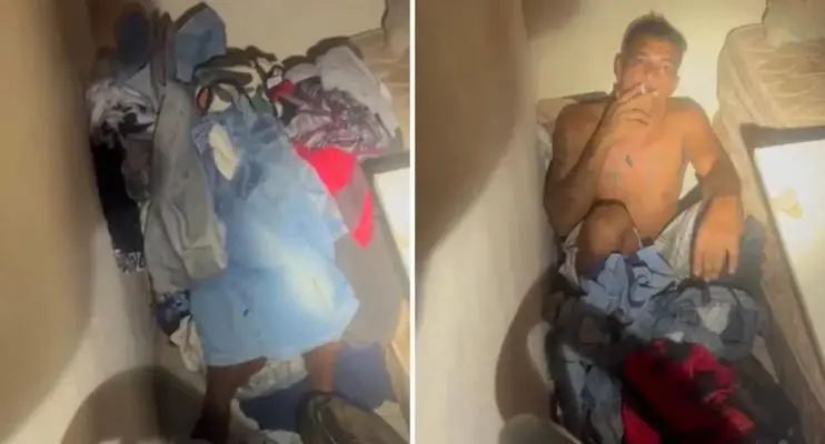 Fumando, ladrão é encontrado se escondendo atrás de roupas na cena do crime
