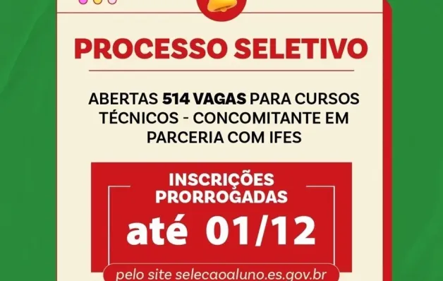 Inscrições para processo seletivo com ofertas de cursos técnicos são prorrogadas até 1º de dezembro