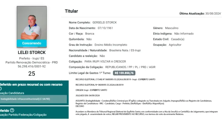 Justiça Eleitoral do Espírito Santo registra primeira candidatura impugnada para prefeito 
