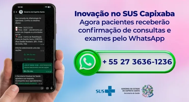 Pacientes do SUS capixaba terão confirmação de consultas e exames do Estado pelo WhatsApp
