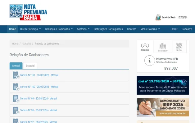 Resultados dos sorteios da Nota Premiada Bahia serão divulgados exclusivamente no site da campanha