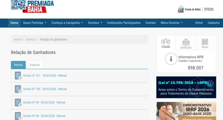 Resultados dos sorteios da Nota Premiada Bahia serão divulgados exclusivamente no site da campanha